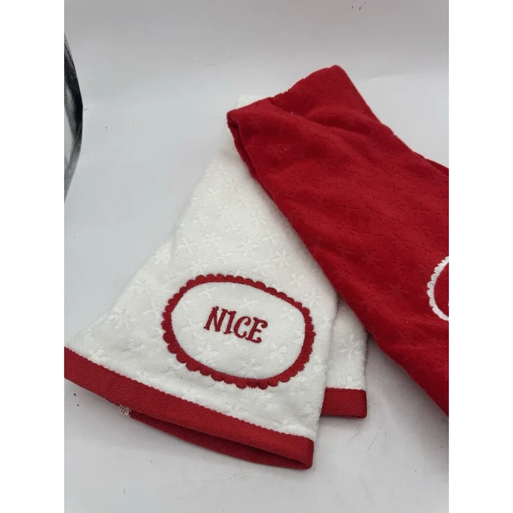 Naughty And Nice Christmas Hand Towels Red White Seasonal New Cotton